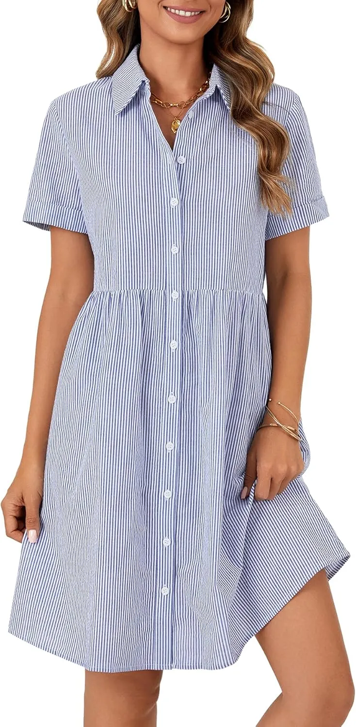 Rooscier Women's Striped Shirt Dress Button Down Collared Short Sleeve Mini Dress