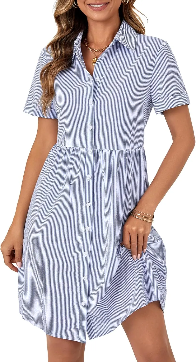 Rooscier Women's Striped Shirt Dress Button Down Collared Short Sleeve Mini Dress