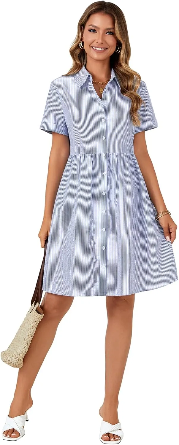 Rooscier Women's Striped Shirt Dress Button Down Collared Short Sleeve Mini Dress