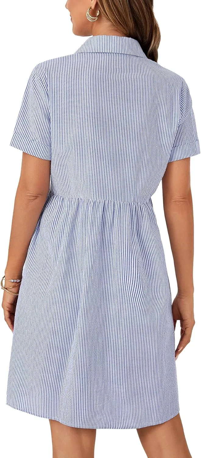 Rooscier Women's Striped Shirt Dress Button Down Collared Short Sleeve Mini Dress
