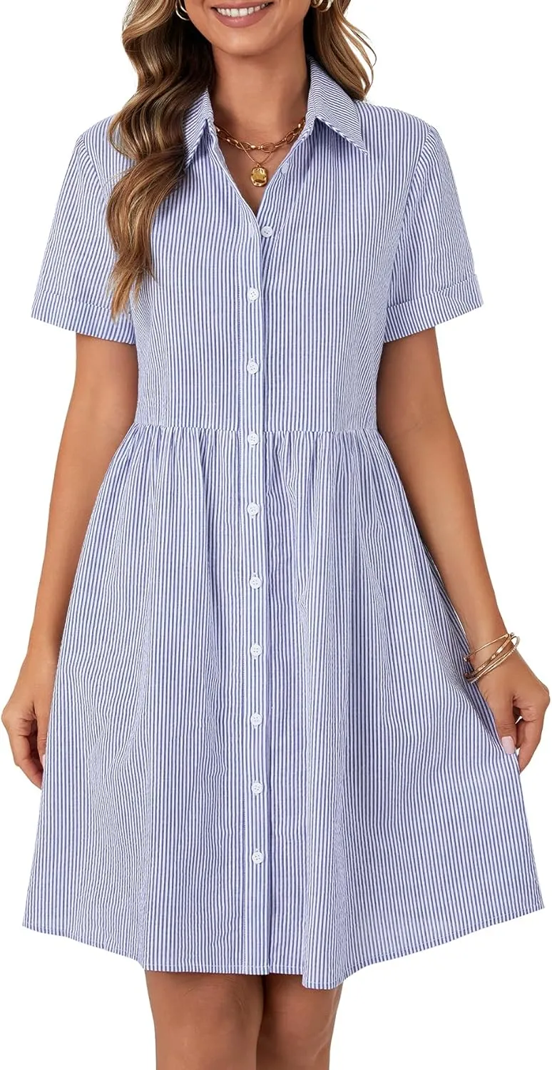 Rooscier Women's Striped Shirt Dress Button Down Collared Short Sleeve Mini Dress