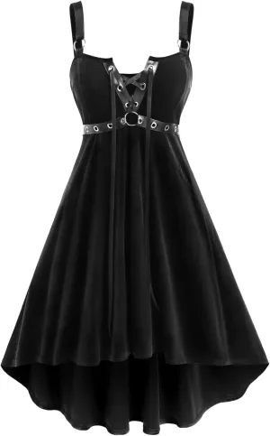 ROSE GAL Rosegal Gothic Lace Up Grommets High Low Velvet Midi Dress
