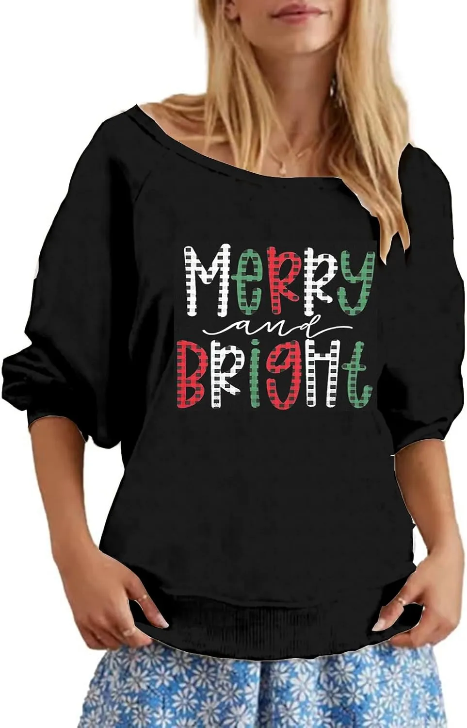 Roshop Womens Off Shoulder Holiday Memorial Patriotic USA Flag Long Sleeve Sweatshirts