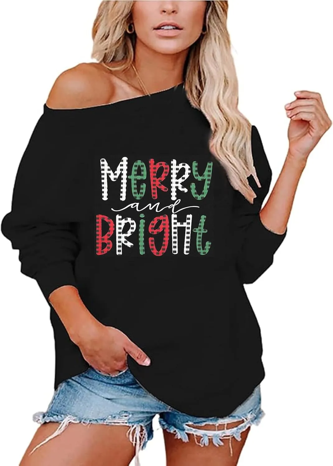 Roshop Womens Off Shoulder Holiday Memorial Patriotic USA Flag Long Sleeve Sweatshirts
