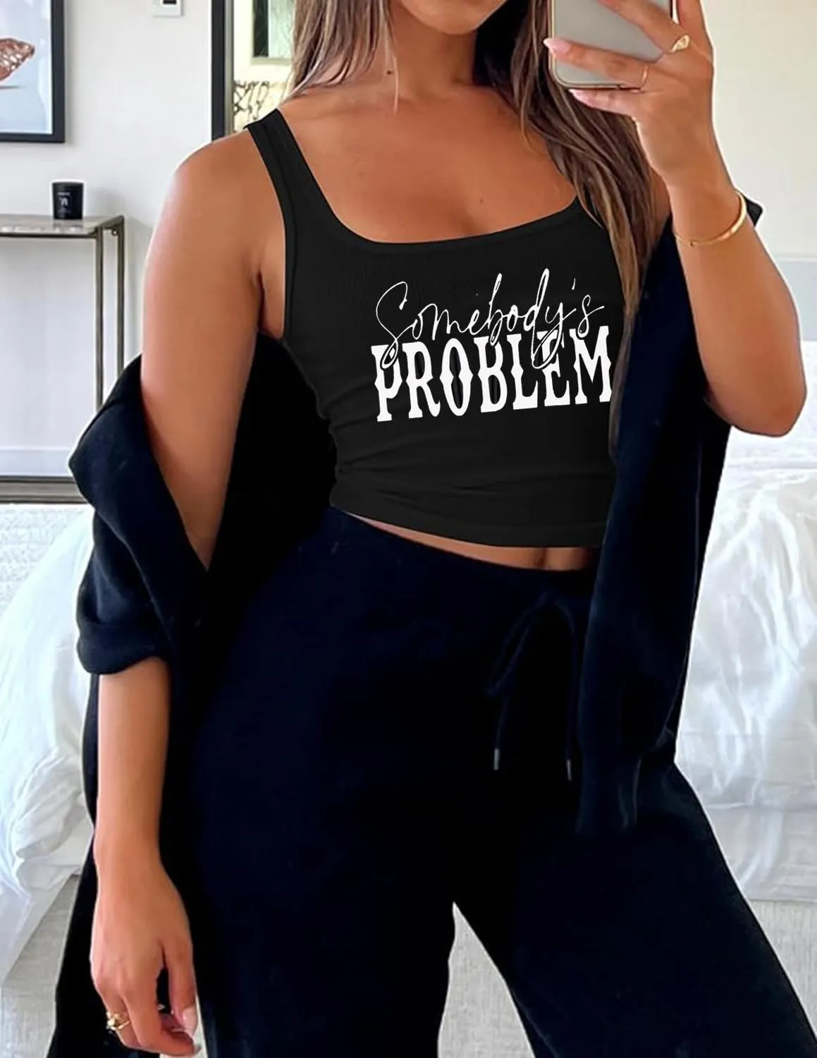 SALULAYER Somebody's Problem Crop Tank Top Women Country Concert Sleeveless Cropped Tops Summer Casual Western Cowgirl Tanks