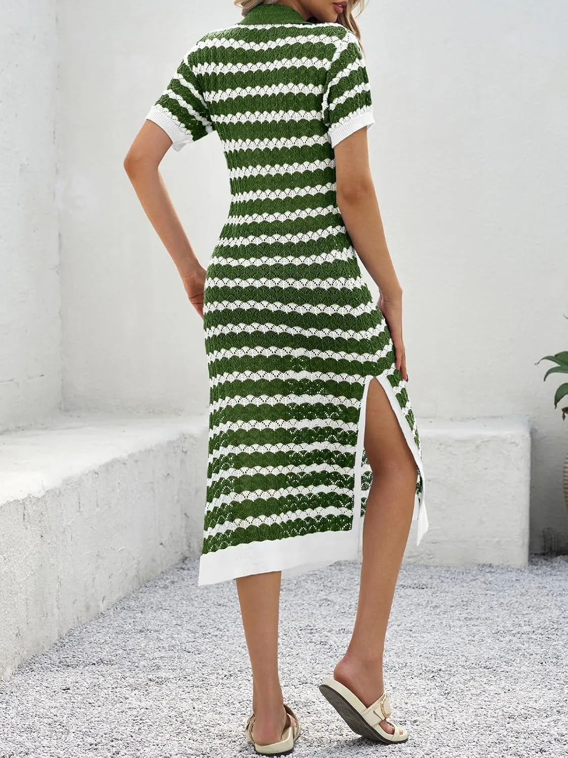 Saodimallsu Womens Striped Summer Dresses V Neck Collared Short Sleeve Loose Knit Slit Midi Sweater Dress