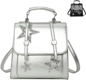 Satchel Bag Y2k Backpack Vintage Kawaii Sparkling Silver Star Pattern Cute Aesthetic Spicy Harajuku Handbag (Silver)