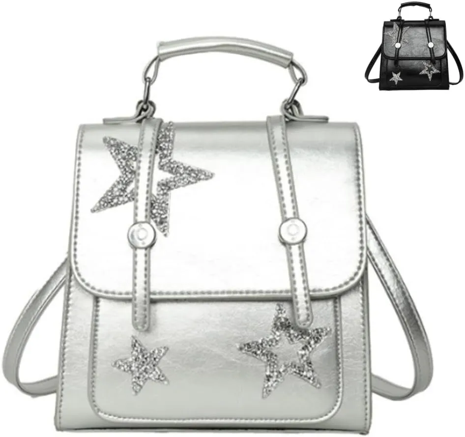 Satchel Bag Y2k Backpack Vintage Kawaii Sparkling Silver Star Pattern Cute Aesthetic Spicy Harajuku Handbag (Silver)
