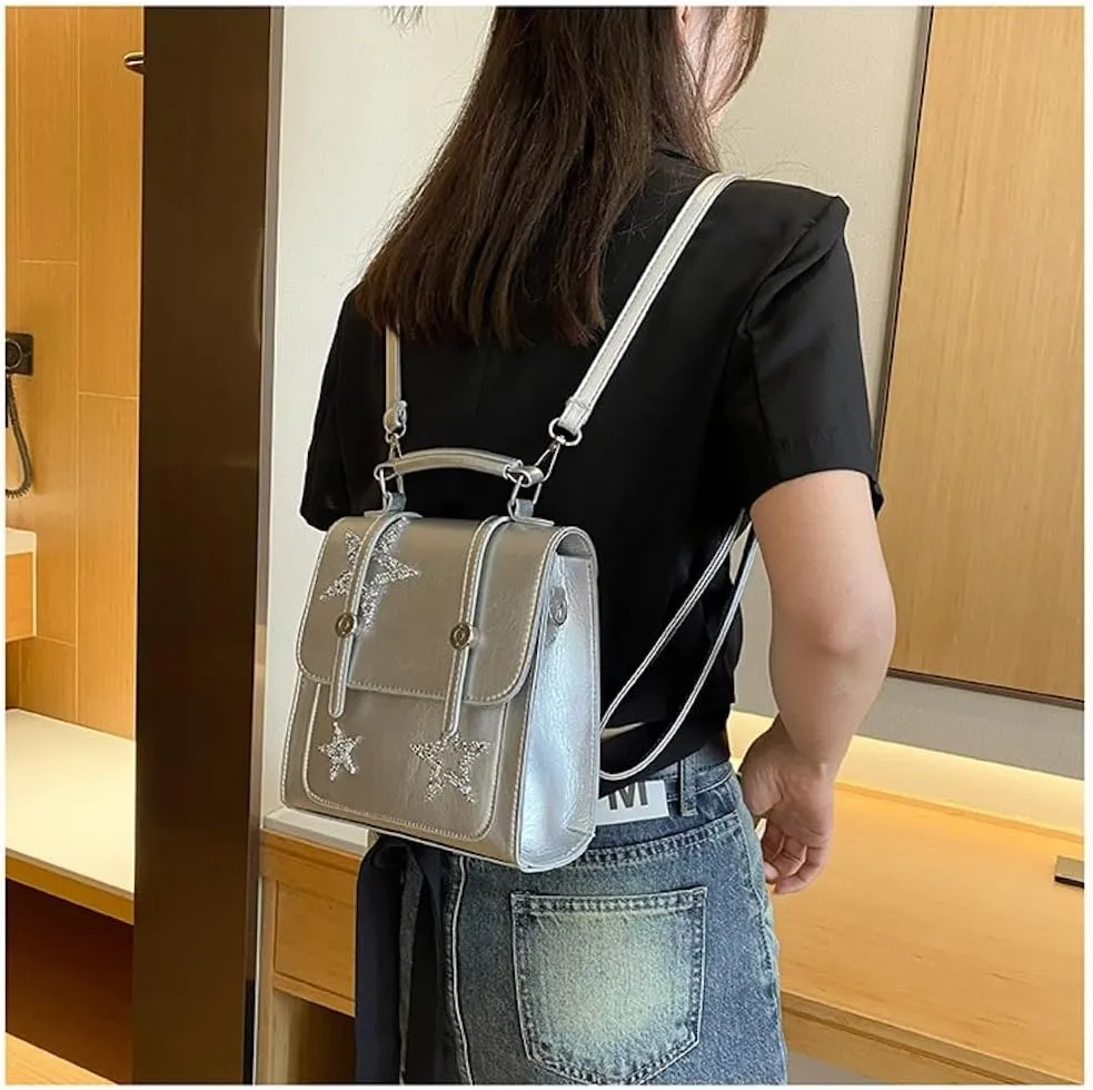 Satchel Bag Y2k Backpack Vintage Kawaii Sparkling Silver Star Pattern Cute Aesthetic Spicy Harajuku Handbag (Silver)
