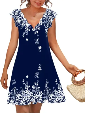 SAUKOLE Womens Summer Dresses Causal Ruffle Cap Sleeve V Neck Short Mini Dress Loose Flowy Sundress
