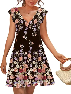 SAUKOLE Womens Summer Dresses Causal Ruffle Cap Sleeve V Neck Short Mini Dress Loose Flowy Sundress