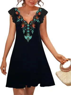 SAUKOLE Womens Summer Dresses Causal Ruffle Cap Sleeve V Neck Short Mini Dress Loose Flowy Sundress