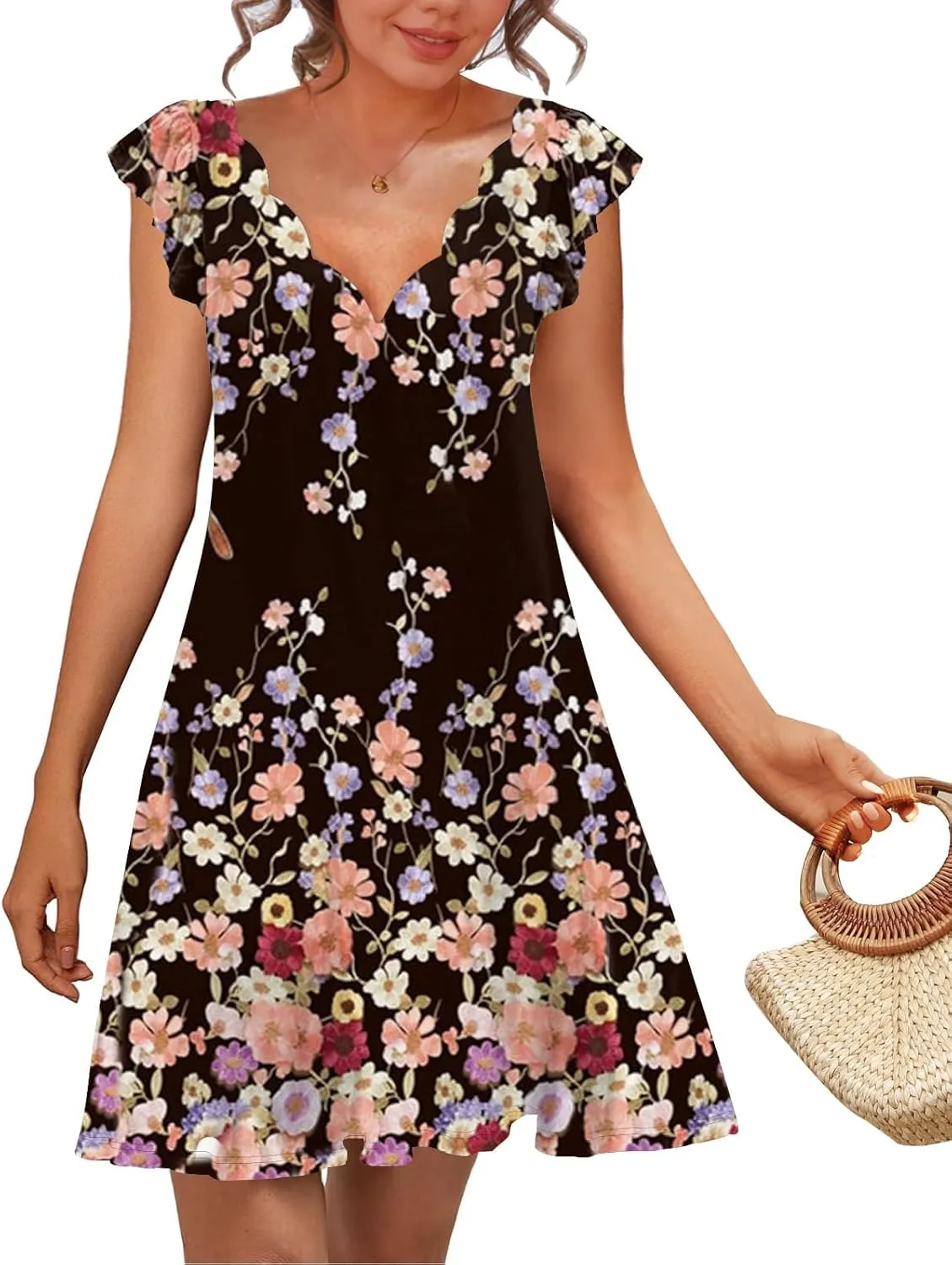 SAUKOLE Womens Summer Dresses Causal Ruffle Cap Sleeve V Neck Short Mini Dress Loose Flowy Sundress