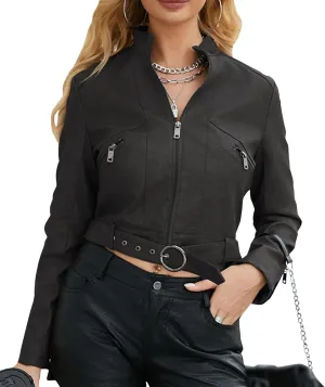 Sexyshine Women's Cropped Faux Leather Jacket Stand Collar Zipper Up PU Leather Coat Moto Bomber Biker Outwear with Belt