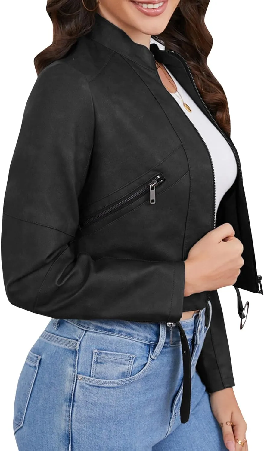 Sexyshine Women's Cropped Faux Leather Jacket Stand Collar Zipper Up PU Leather Coat Moto Bomber Biker Outwear with Belt