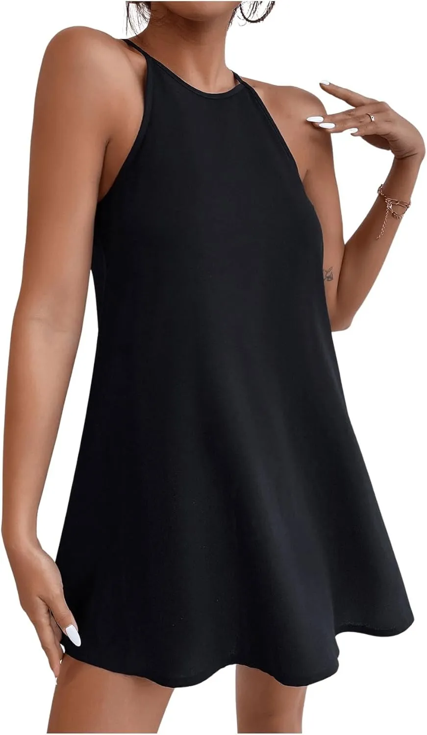SHENHE Women's Casual Sleeveless Halter Neck Flared A Line Tunic Cami Mini Dresses