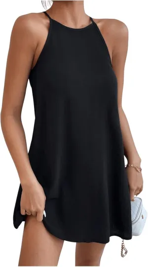 SHENHE Women's Casual Sleeveless Halter Neck Flared A Line Tunic Cami Mini Dresses