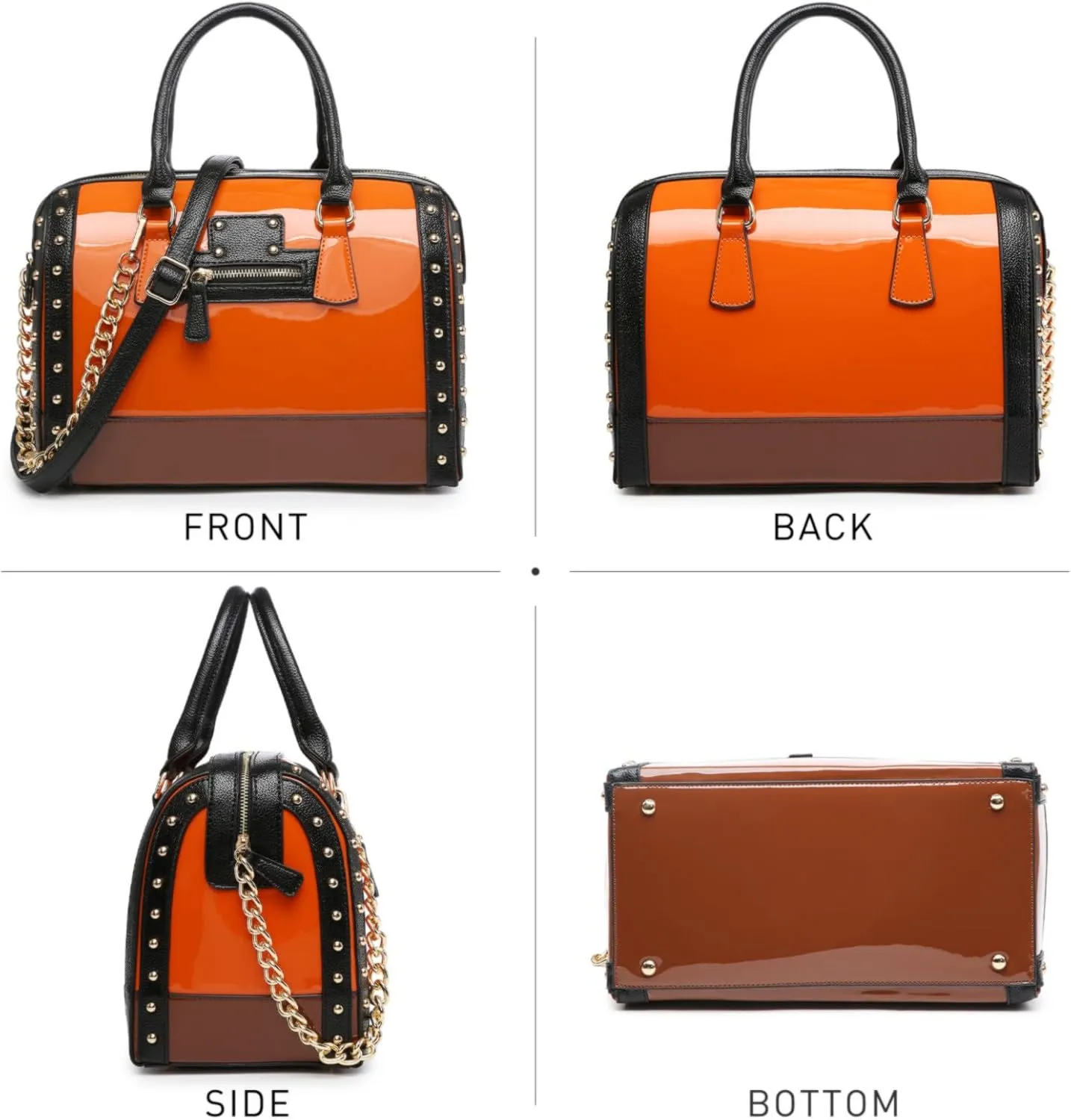 Shiny Patent Faux Leather Handbags Women Barrel Purses Top Handle Satchel Bags Shoulder Bag (Large Orange)