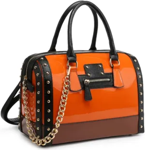 Shiny Patent Faux Leather Handbags Women Barrel Purses Top Handle Satchel Bags Shoulder Bag (Large Orange)