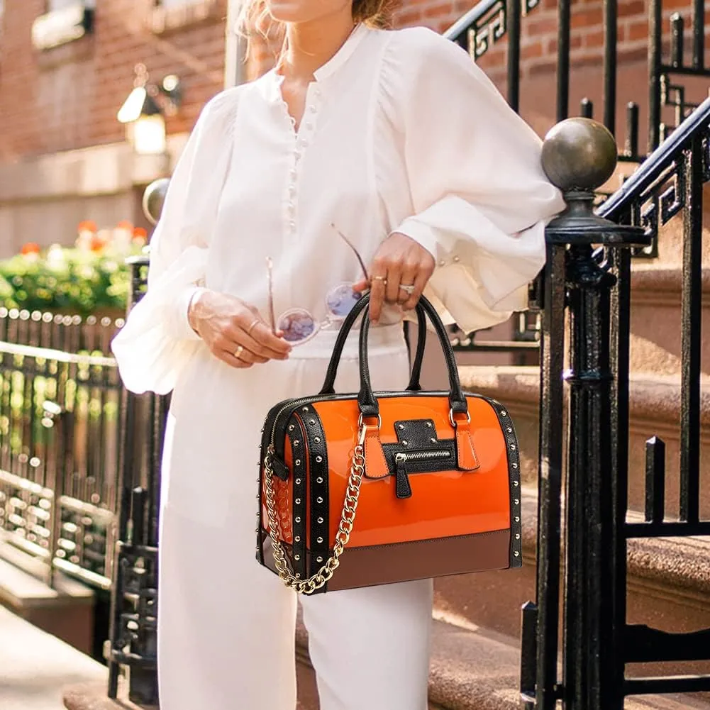 Shiny Patent Faux Leather Handbags Women Barrel Purses Top Handle Satchel Bags Shoulder Bag (Large Orange)
