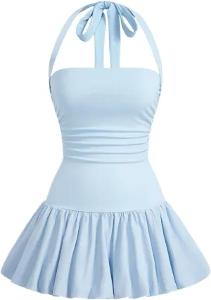SOLY HUX Women's Bubble Mini Dress Halter Backless Ruched Y2K Club Party Short Sundress with Built-in Shorts
