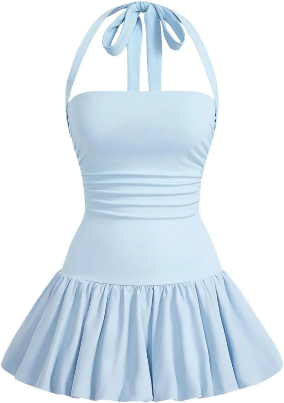 SOLY HUX Women's Bubble Mini Dress Halter Backless Ruched Y2K Club Party Short Sundress with Built-in Shorts