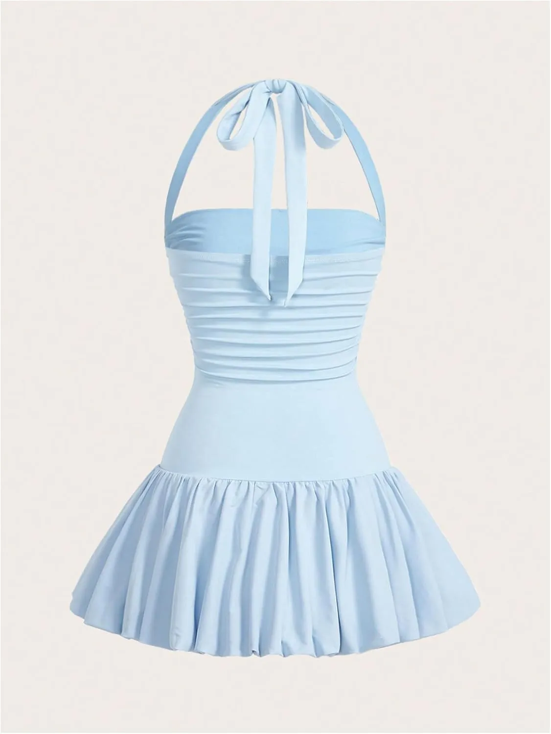 SOLY HUX Women's Bubble Mini Dress Halter Backless Ruched Y2K Club Party Short Sundress with Built-in Shorts