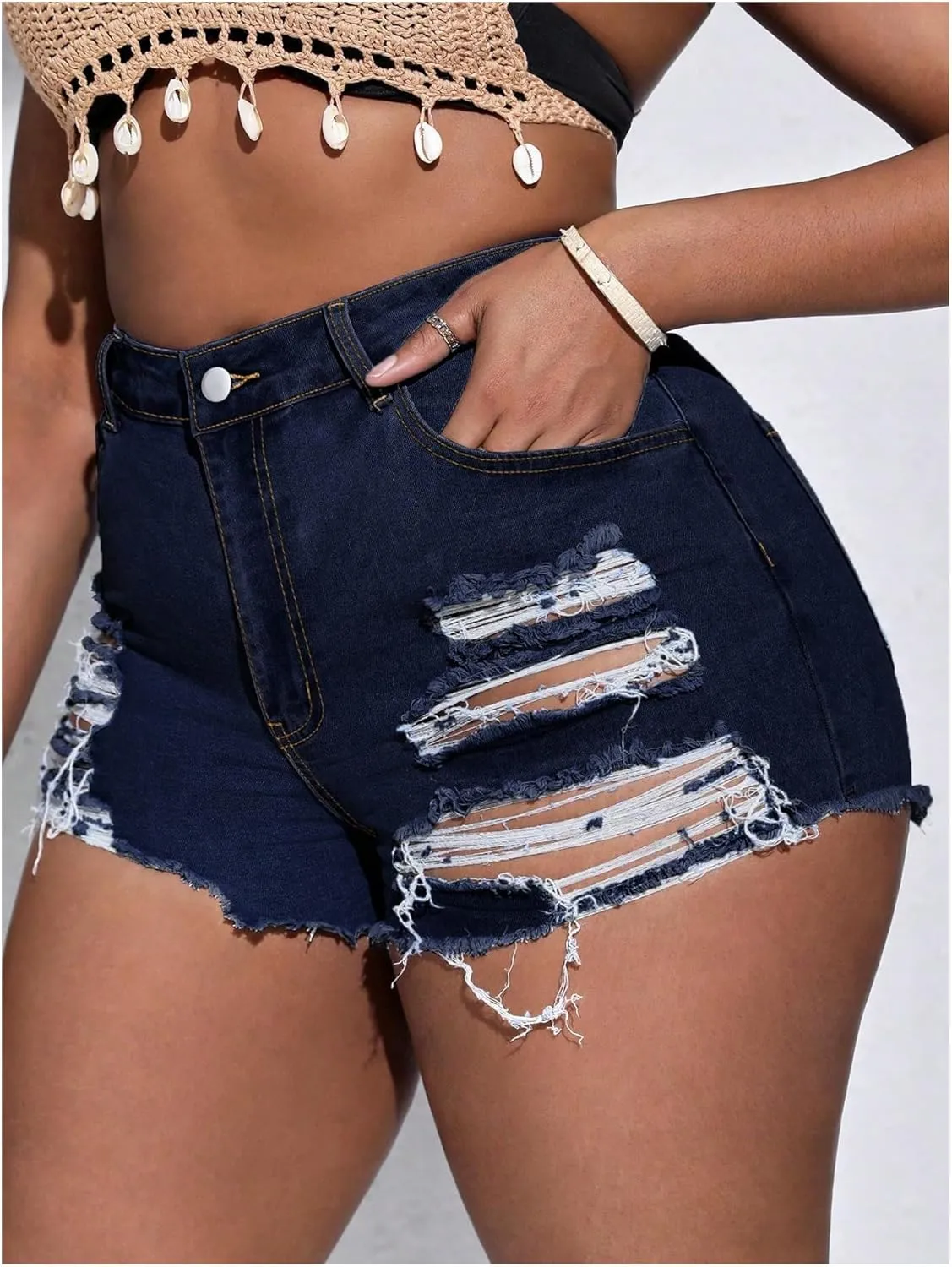 SOLY HUX Women's Plus Size Ripped Denim Shorts Casual Summer High Waisted Skinny Jean Shorts