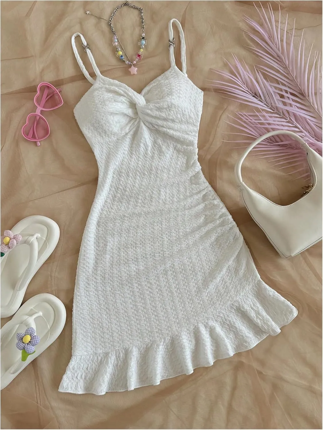 SOLY HUX Women's Twist Bodycon Mini Dress V Neck Spaghetti Strap Ruffle Hem Summer Cami Dresses