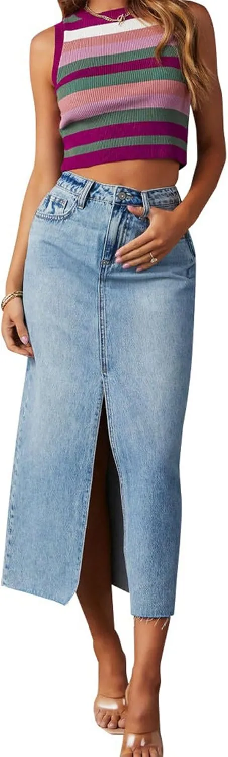 SOMTHRON Women's High Waisted Front Split Denim Skirt A-line Bodycon Business Casual Jean Midi Long Pencil Skirt