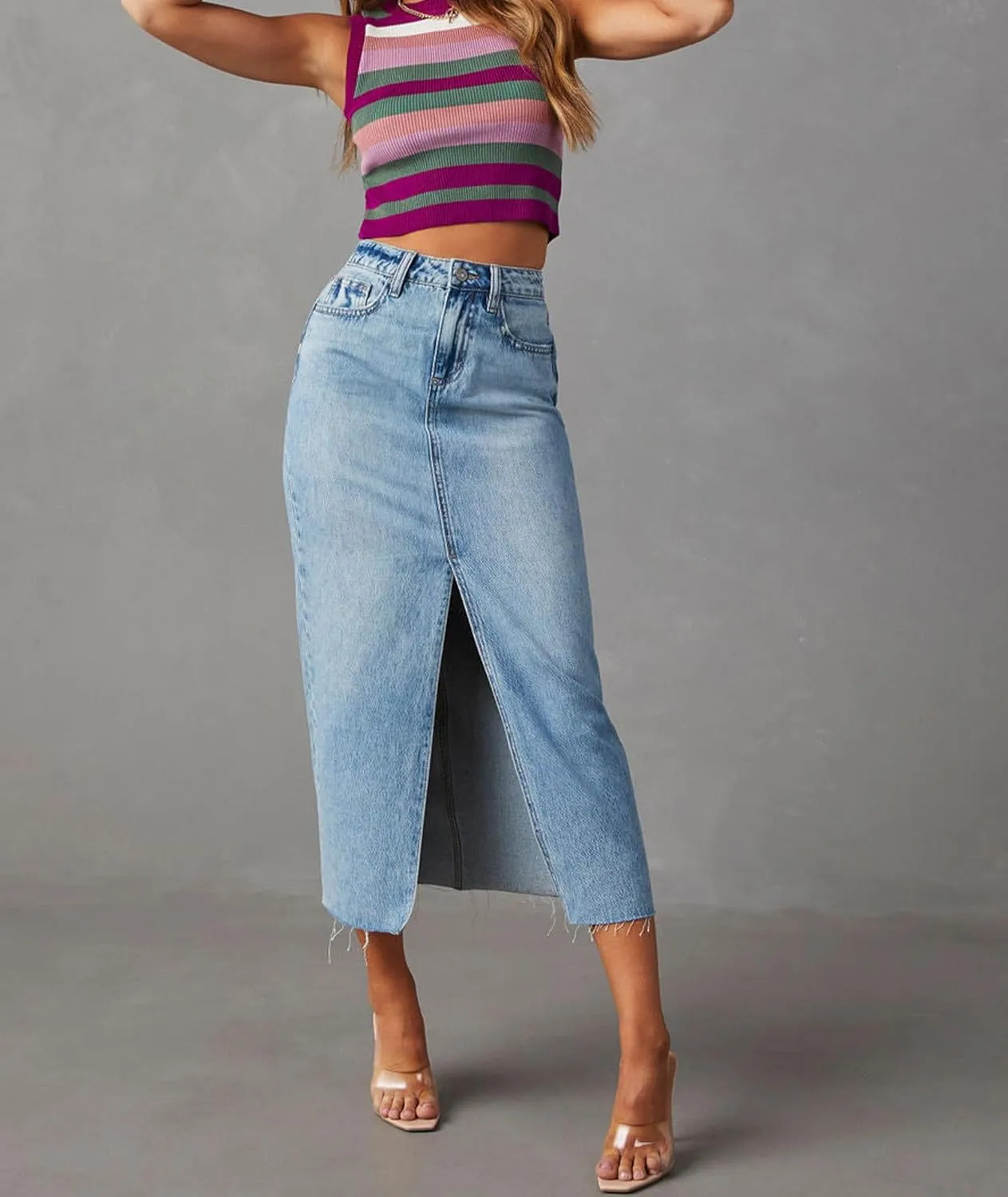 SOMTHRON Women's High Waisted Front Split Denim Skirt A-line Bodycon Business Casual Jean Midi Long Pencil Skirt