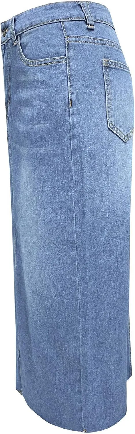 SOMTHRON Women's High Waisted Front Split Denim Skirt A-line Bodycon Business Casual Jean Midi Long Pencil Skirt