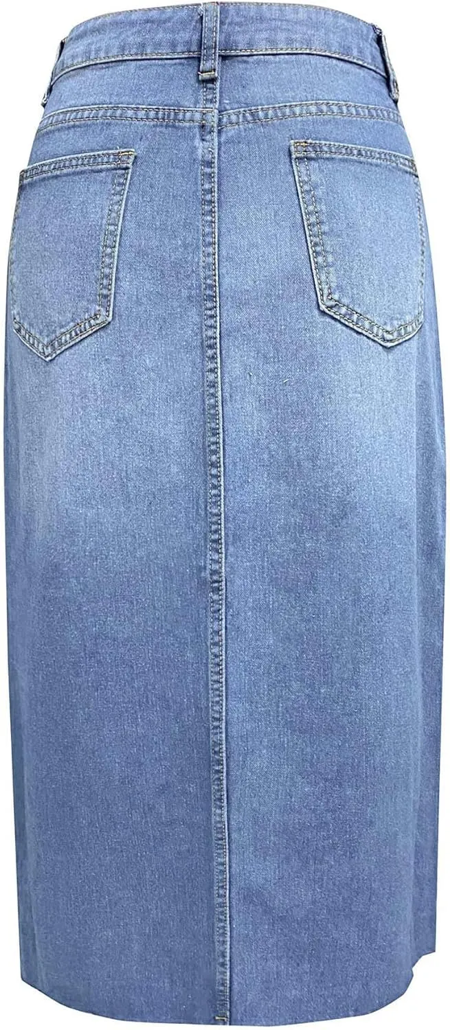 SOMTHRON Women's High Waisted Front Split Denim Skirt A-line Bodycon Business Casual Jean Midi Long Pencil Skirt