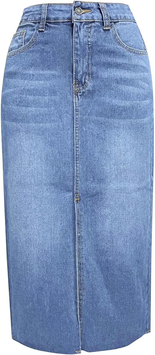 SOMTHRON Women's High Waisted Front Split Denim Skirt A-line Bodycon Business Casual Jean Midi Long Pencil Skirt