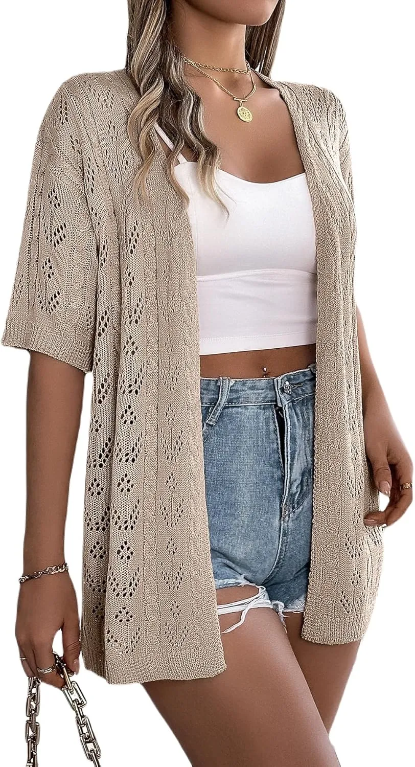 Spicy Sandia Women's Short Sleeve Crochet Cardigan Sweater for Summer Lightweight