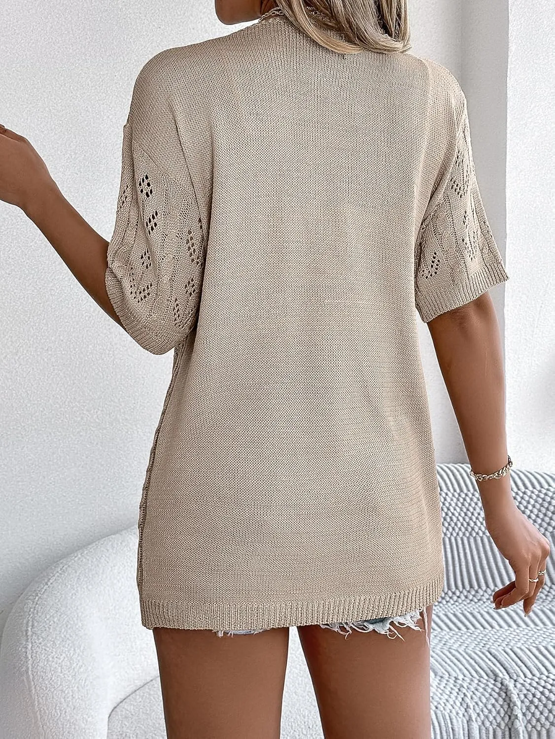 Spicy Sandia Women's Short Sleeve Crochet Cardigan Sweater for Summer Lightweight