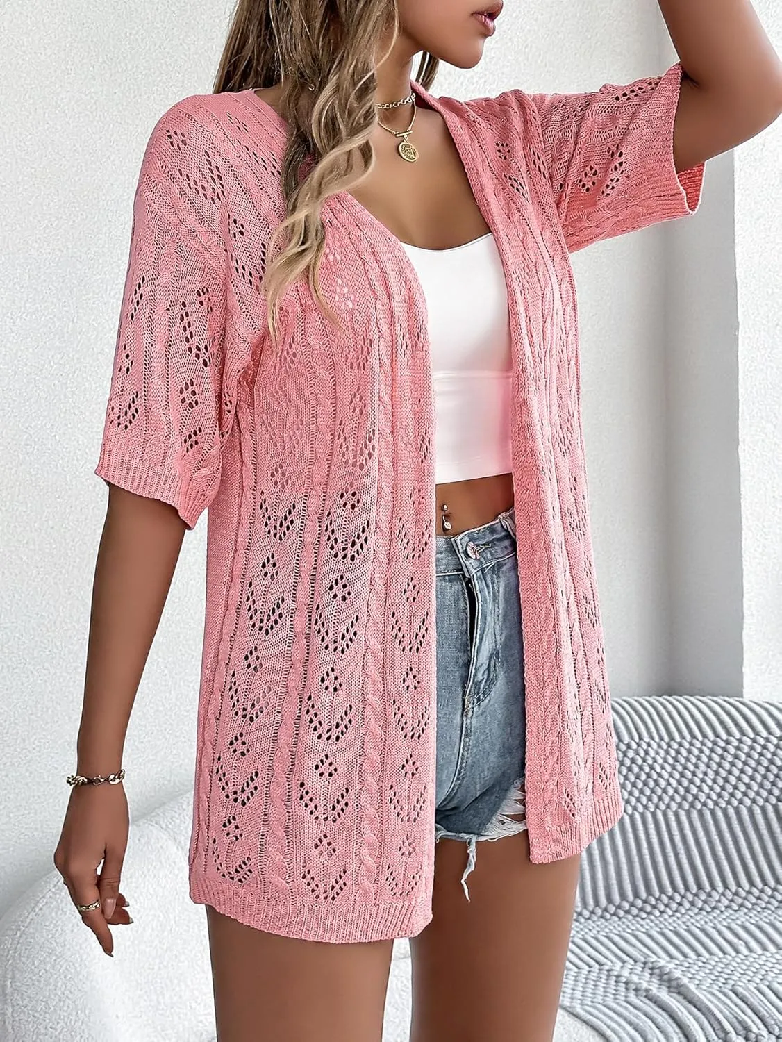 Spicy Sandia Women's Short Sleeve Crochet Cardigan Sweater for Summer Lightweight