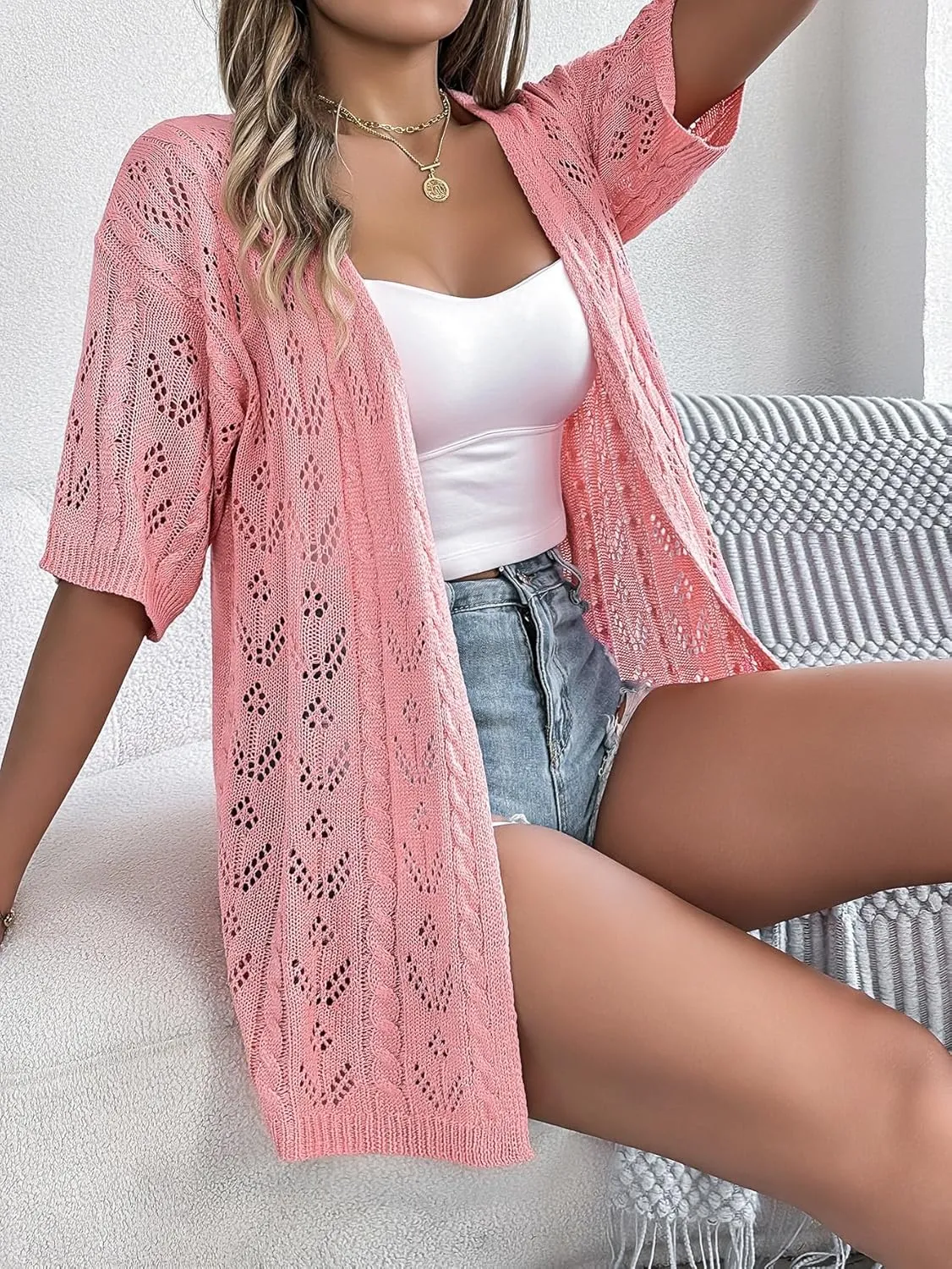 Spicy Sandia Women's Short Sleeve Crochet Cardigan Sweater for Summer Lightweight