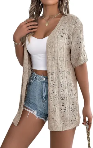 Spicy Sandia Women's Short Sleeve Crochet Cardigan Sweater for Summer Lightweight