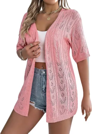 Spicy Sandia Women's Short Sleeve Crochet Cardigan Sweater for Summer Lightweight