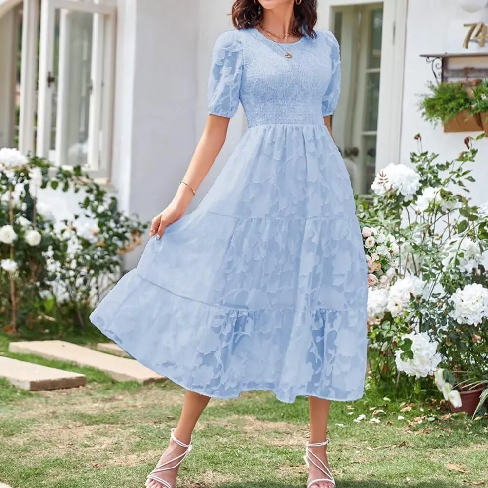 Summer Dresses for Women 2025 Puff Sleeve Maxi Dress Wedding Guest Dress Floral Lace Dress