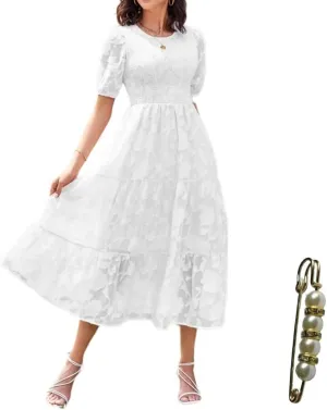Summer Dresses for Women 2025 Puff Sleeve Maxi Dress Wedding Guest Dress Floral Lace Dress