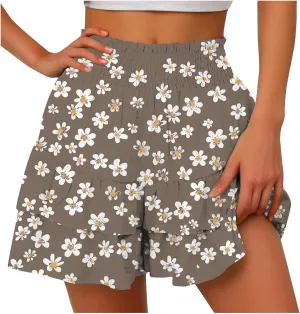 Summer Shorts for Women 2024 Elastic High Waisted Pleated Ruffle Mini Skirts Cute Beach Vacation Flowy Shorts Skorts