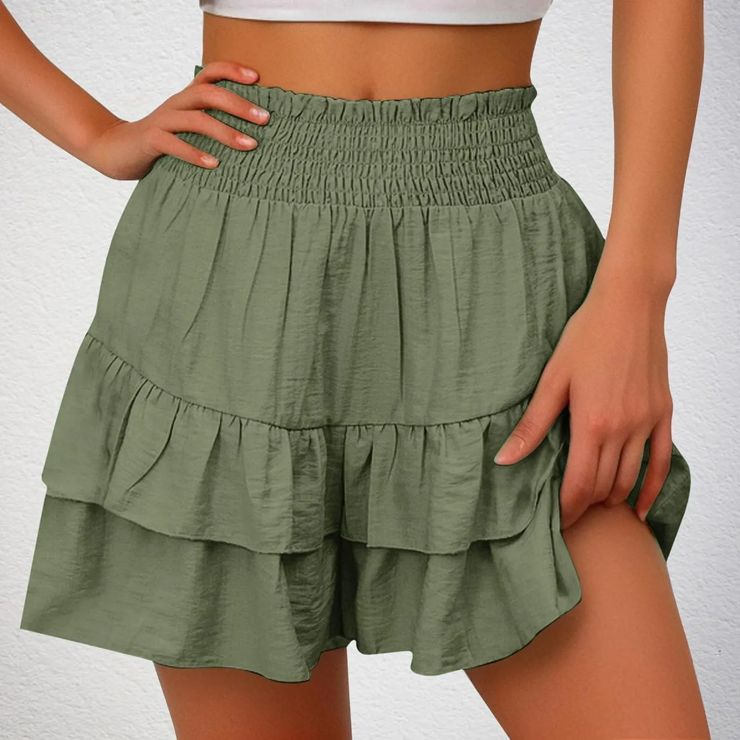 Summer Shorts for Women 2024 Elastic High Waisted Pleated Ruffle Mini Skirts Cute Beach Vacation Flowy Shorts Skorts