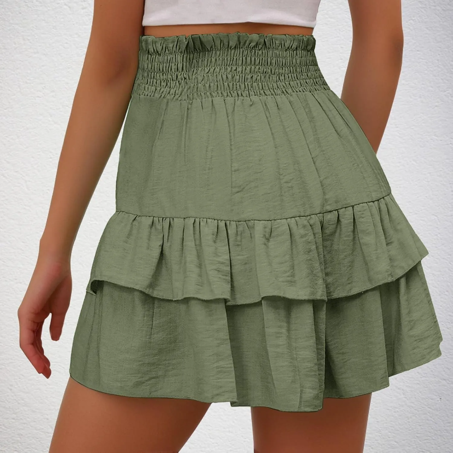 Summer Shorts for Women 2024 Elastic High Waisted Pleated Ruffle Mini Skirts Cute Beach Vacation Flowy Shorts Skorts