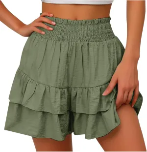 Summer Shorts for Women 2024 Elastic High Waisted Pleated Ruffle Mini Skirts Cute Beach Vacation Flowy Shorts Skorts