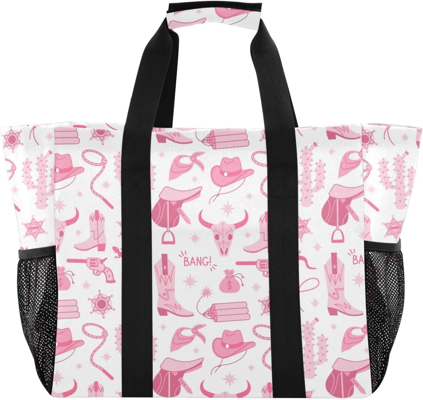 susiyo Cowgirl Pink Boots Hat Cactus Reusable Grocery Tote Bag Collapsible Canvas Beach Bag Large Travel Bags for Hiking Trip Pool