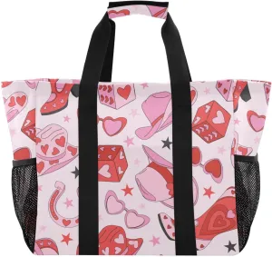 susiyo Cowgirl Pink Hat Boots Horseshoe Reusable Grocery Tote Bag Collapsible Canvas Beach Bag Large Travel Bags for Hiking Trip Pool