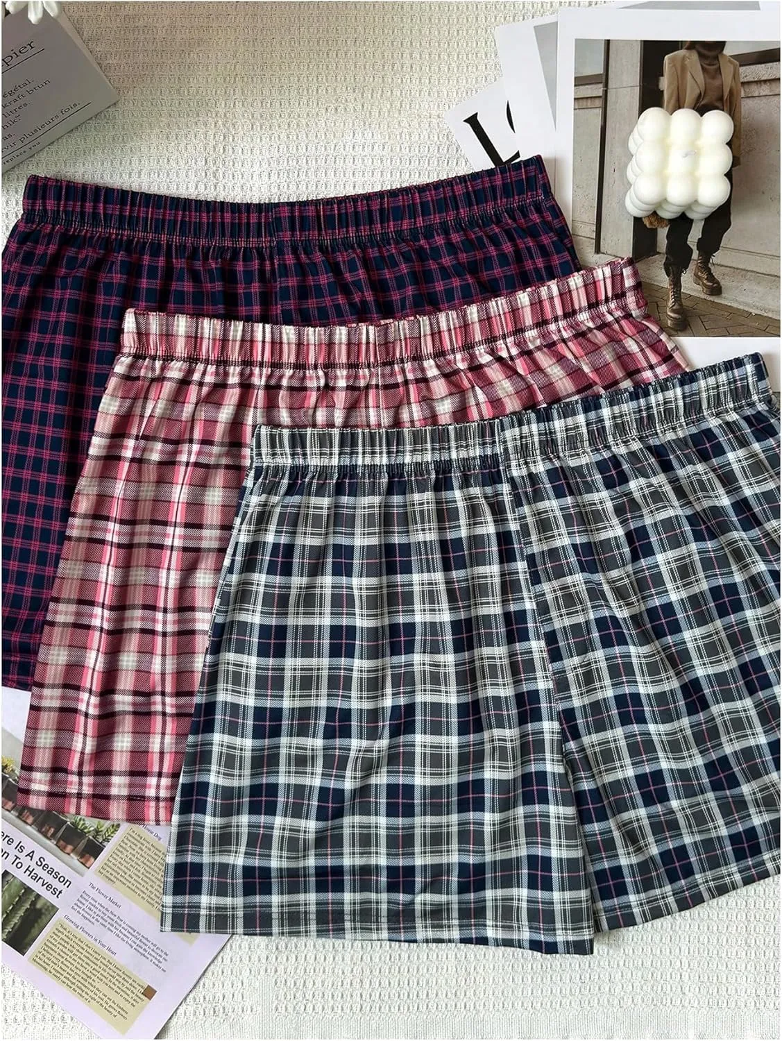 SweatyRocks Men's 3 Pack Plaid Pajama Shorts Elastic Waist Lounge Shorts Sleepwear