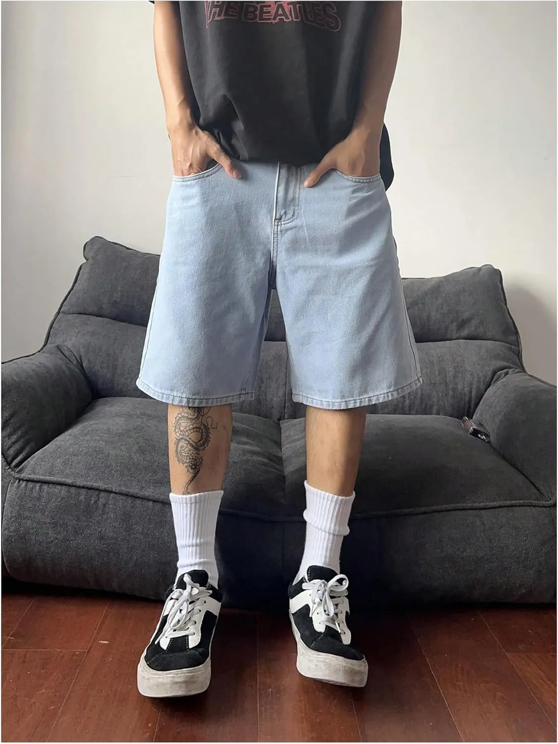 SweatyRocks Men's Straight Leg Denim Shorts Street Loose Bermuda Shorts with Pockets